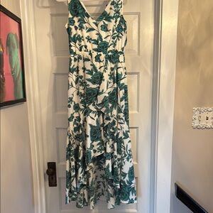 White and Green Tiered Wrap Sundress for Wedding Guest